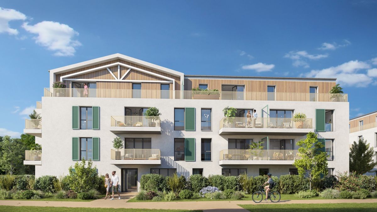 Perspective du programme immobilier neuf Vert Azur à Pornic : résidence contemporaine claire et jardins paysagers