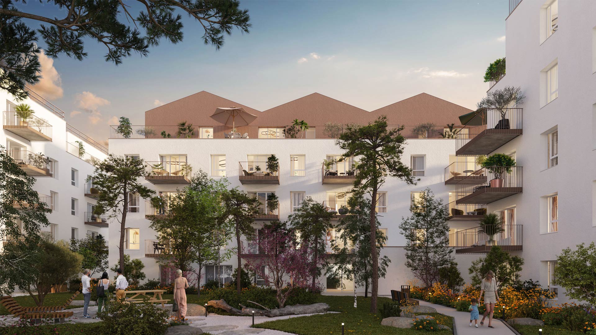 Perspective du programme immobilier neuf Les Jardins du Coteau à Quimper : façades claires, balcons et jardins paysagers