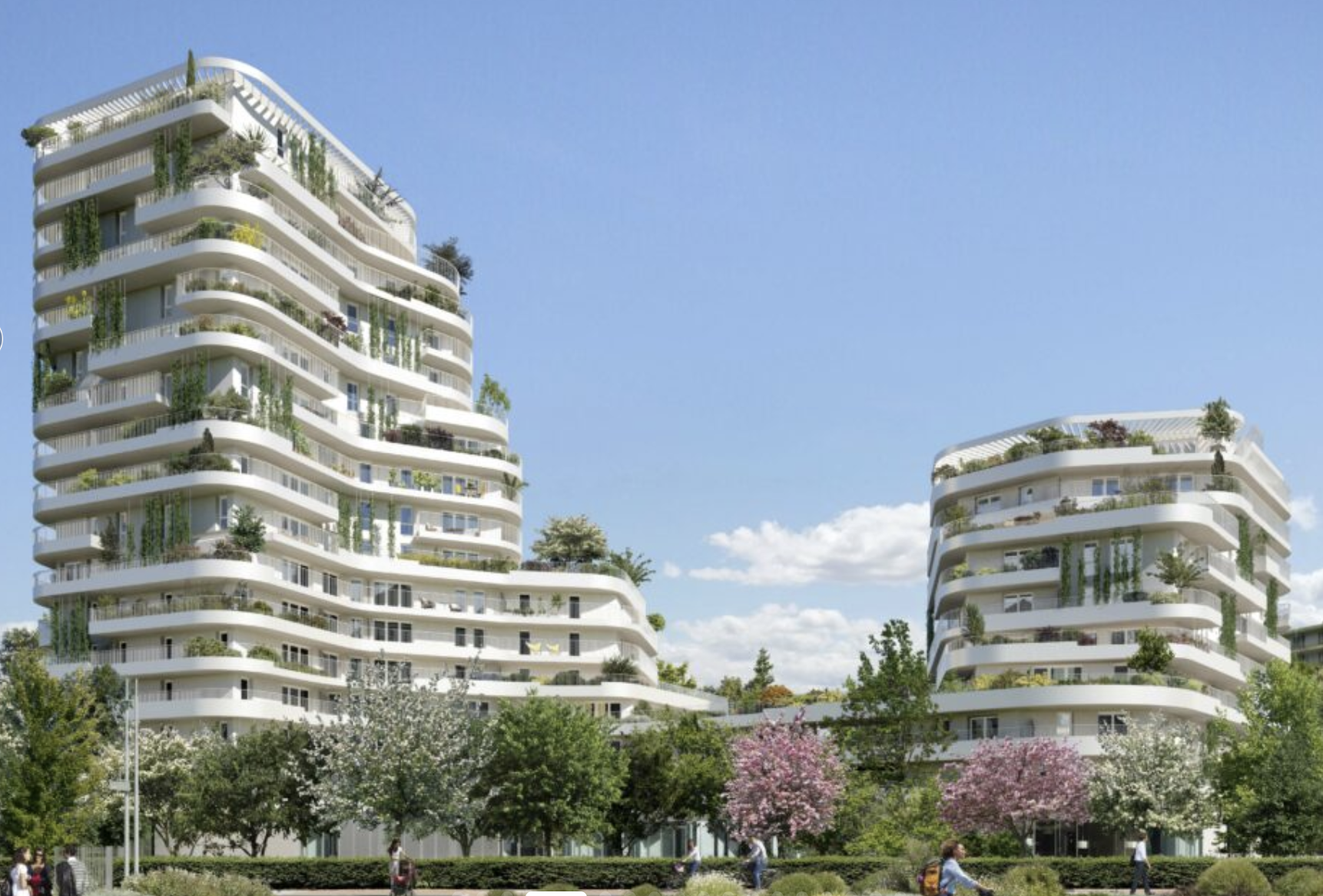 Perspective du programme immobilier neuf Harmony of the Sky à Saint-Nazaire : architecture blanche aux balcons courbes et végétalisés