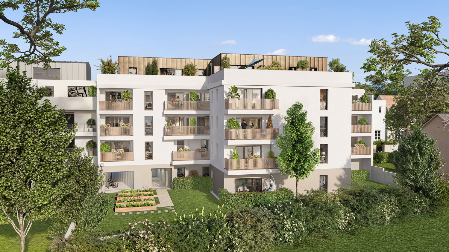 Perspective du programme immobilier neuf L'Écrin de Chantilly à Orvault : façades claires dans un cadre arboré