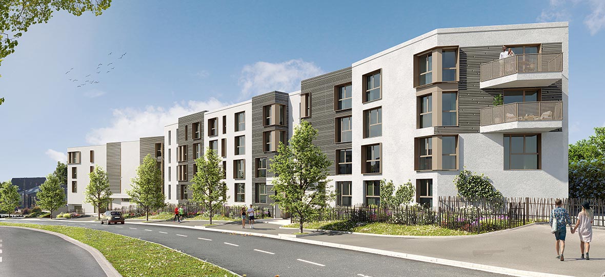 Perspective du programme immobilier neuf EnVergure à Caen : résidences claires à balcons le long d'un boulevard planté