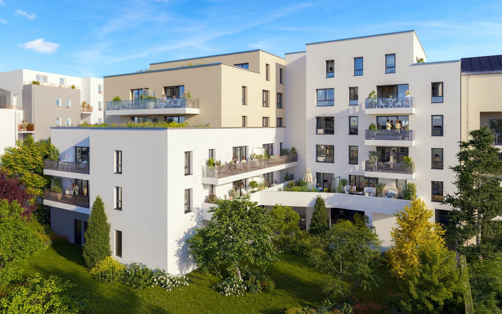 Perspective du programme immobilier neuf Censity à Nantes : résidence contemporaine claire aux grandes baies vitrées