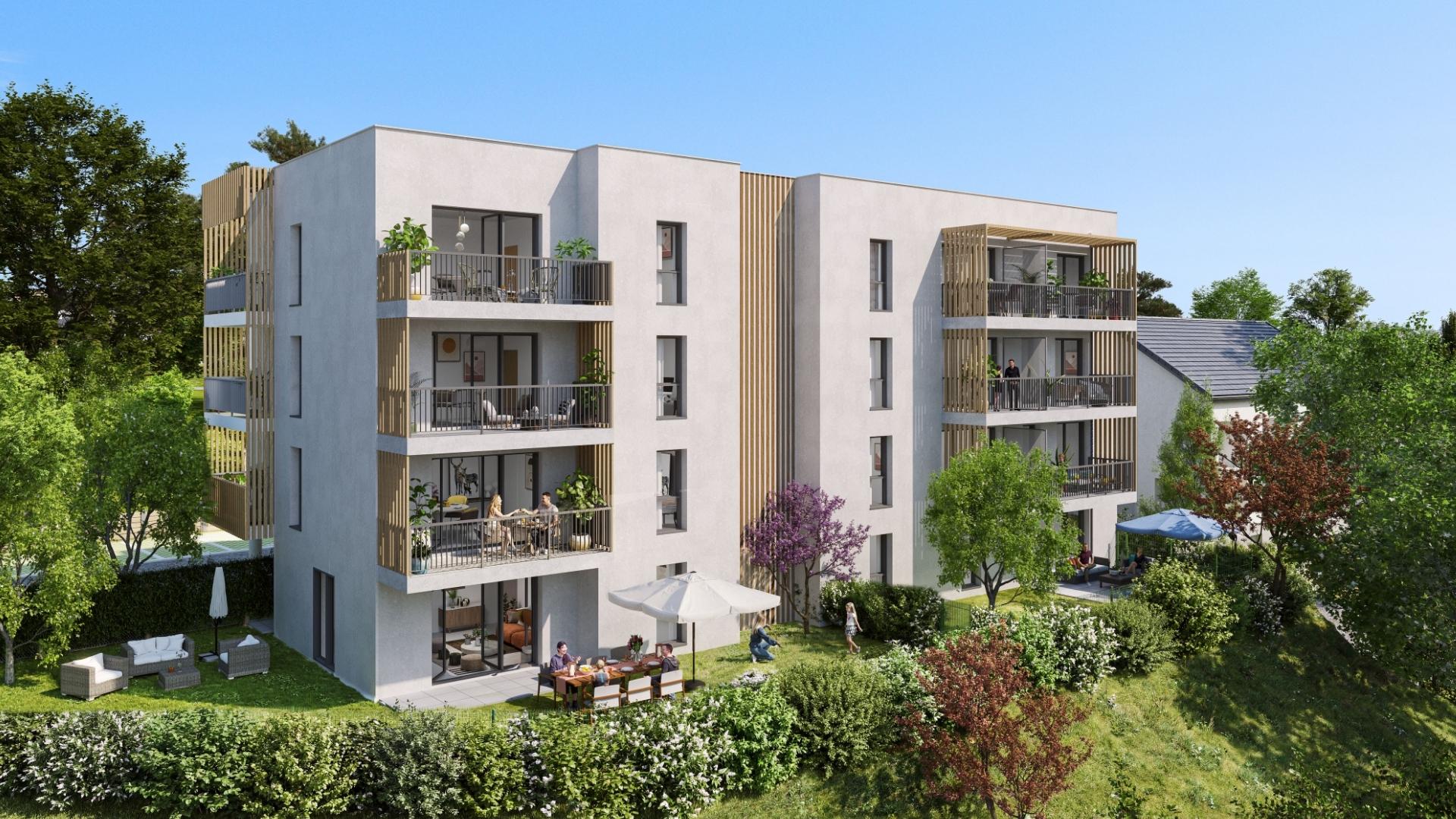 Perspective du programme immobilier neuf Grand Air à Donville-les-Bains : résidence claire entourée d'espaces plantés