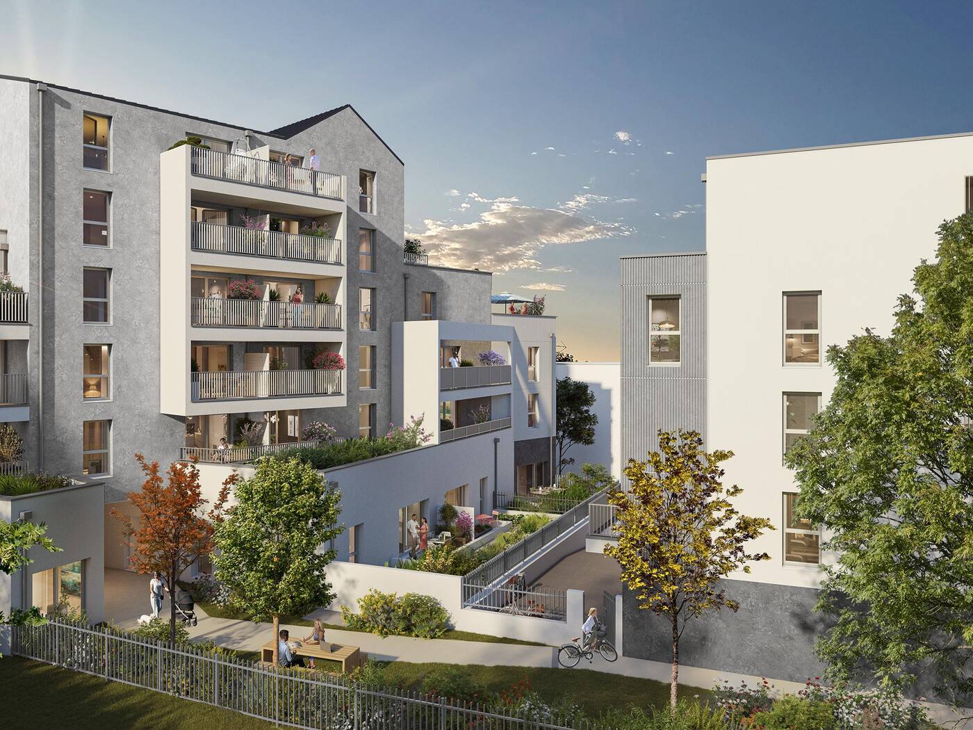 Perspective du programme immobilier neuf Pulse à Orvault : façades contemporaines claires et balcons