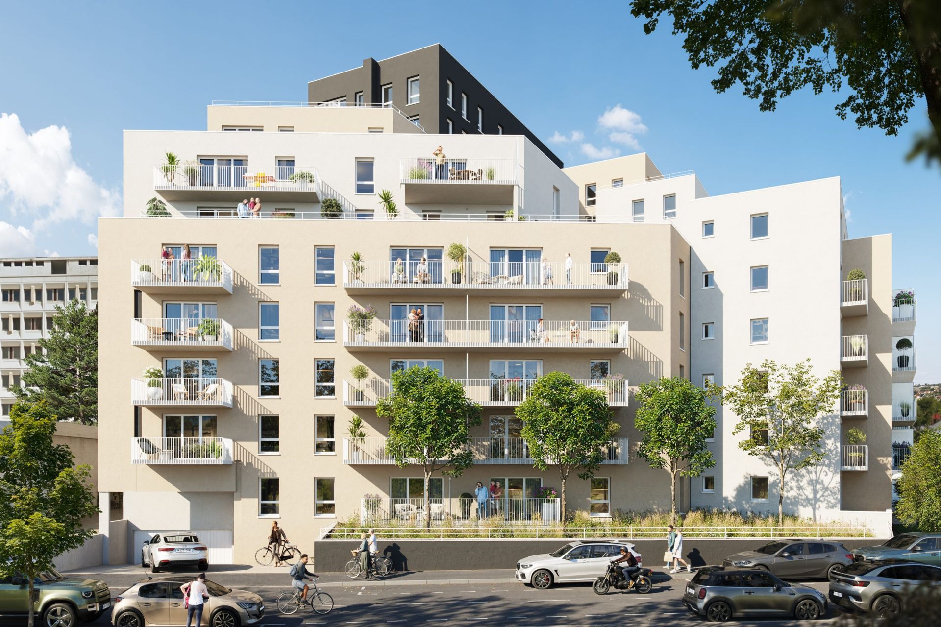Perspective du programme immobilier neuf Horizons à Caen : résidence claire à balcons filants, arbres et rue animée au premier plan