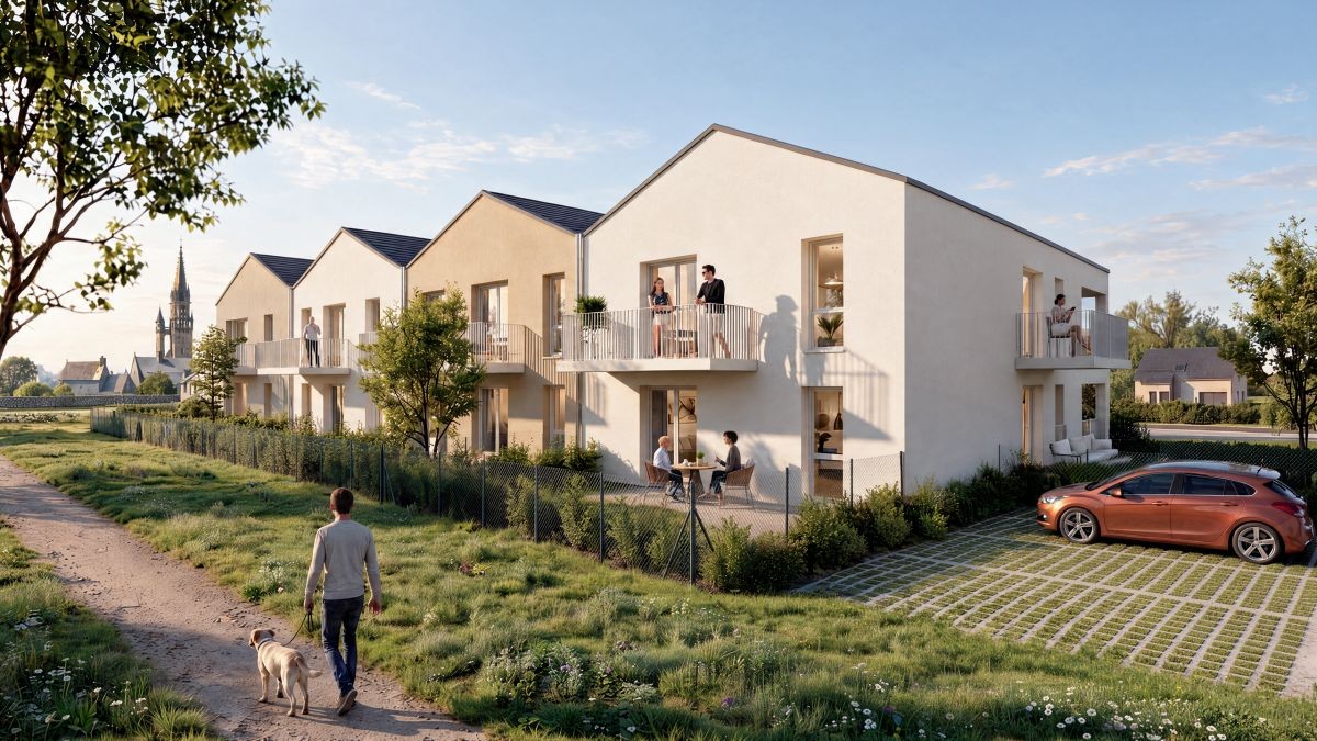Visuel officiel de la résidence CADENCE à Gosné, façades claires et toits d'ardoise