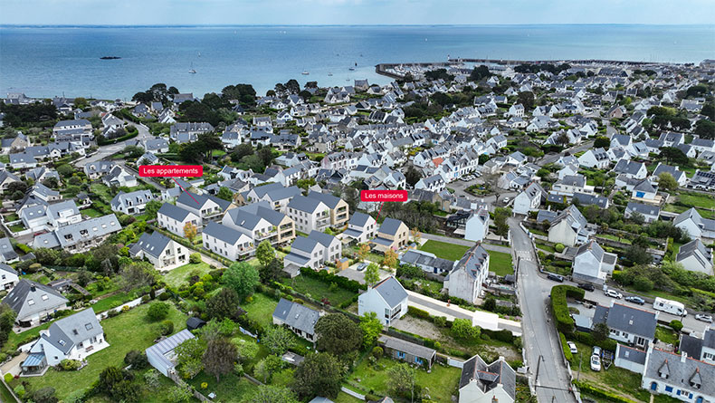 Vue officielle de l’ensemble Les Voiles Blanches à Quiberon, appartements et maisons à Kermorvan