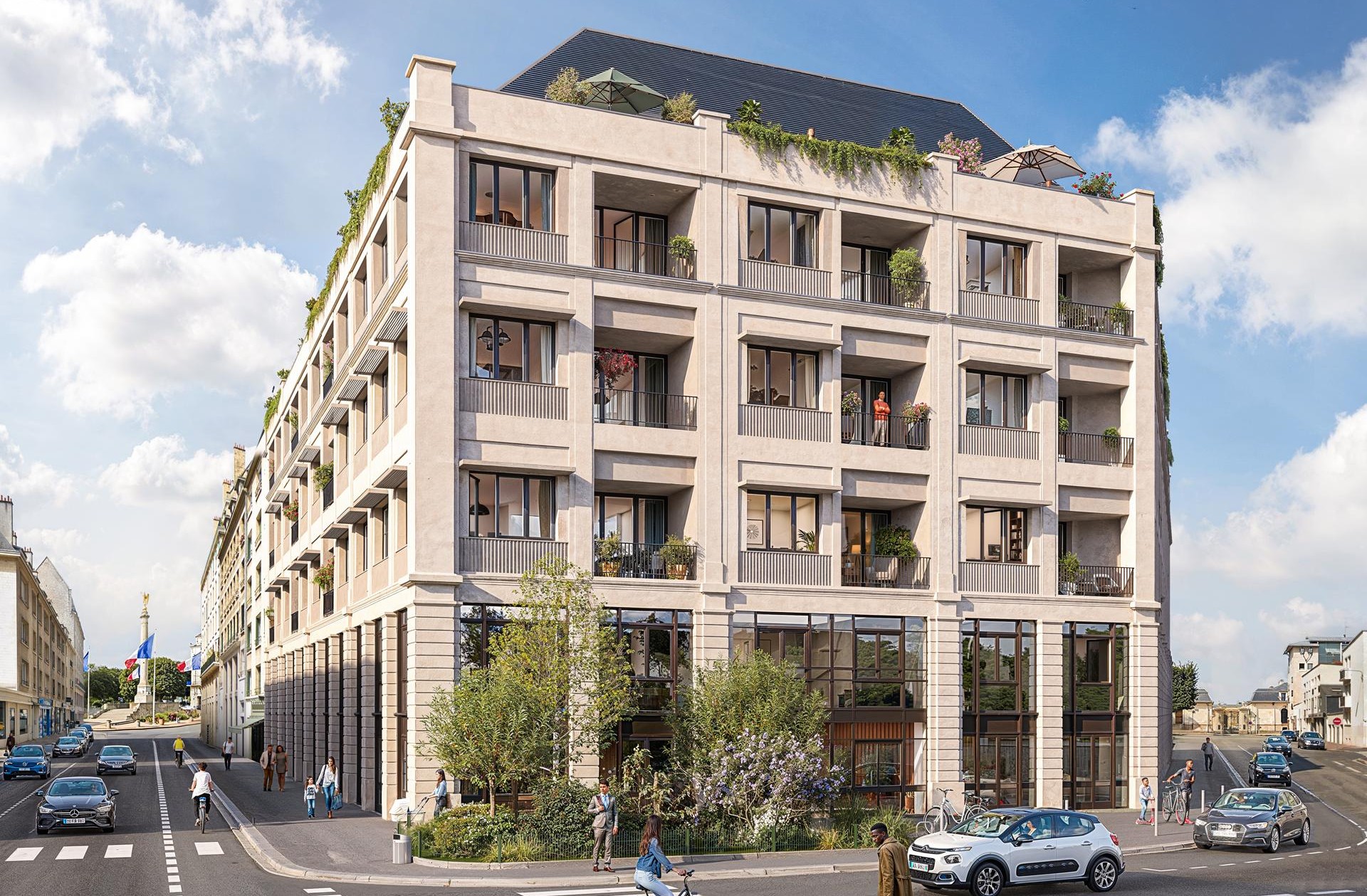 Perspective du programme immobilier neuf Cœur St Jean à Caen : immeuble en pierre claire à loggias, en angle de rue du centre-ville