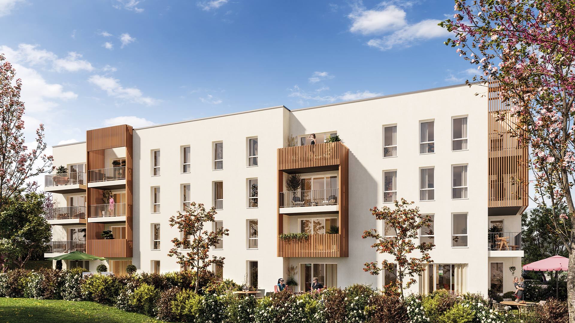 Perspective du programme immobilier neuf Vert Bocage à Donville-les-Bains : résidence claire dans un cadre paysager verdoyant