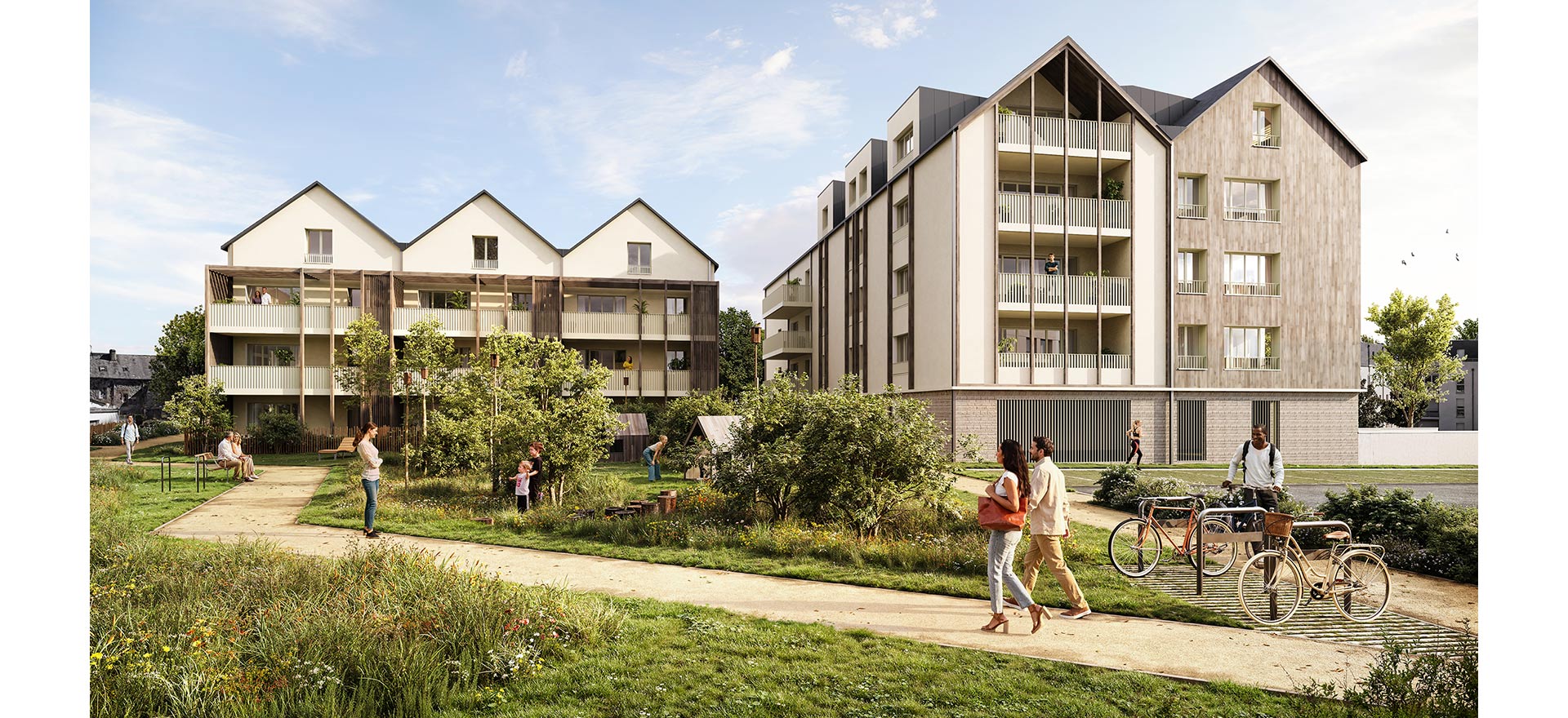 Perspective du programme immobilier neuf Newenn à Plérin : façades claires à toitures d'ardoise, balcons bois et jardin paysager au premier plan
