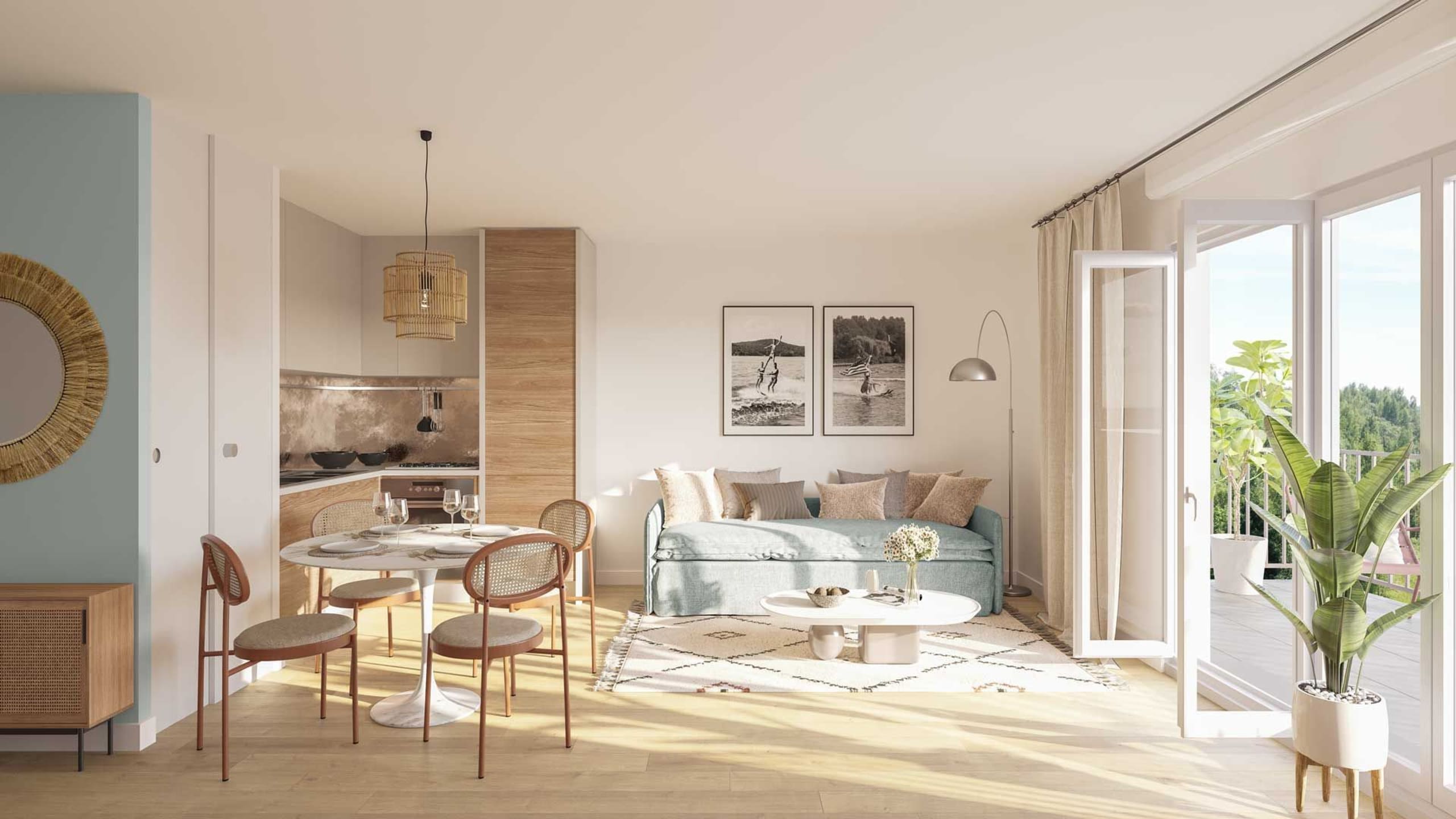 Perspective intérieure du programme immobilier neuf La Clairière à Paimpol : séjour lumineux ouvert sur la verdure