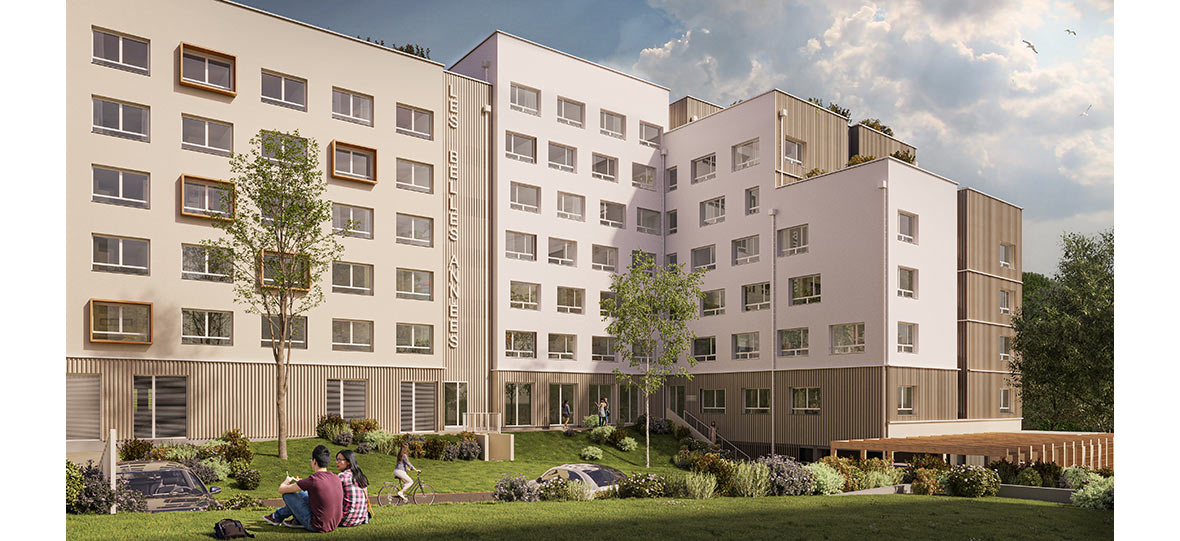 Vue extérieure du programme immobilier neuf Campus Latitude à Lorient : façades contemporaines claires dans le quartier universitaire