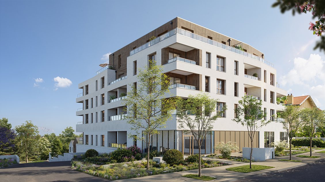Perspective du programme immobilier neuf Le Pré Vincent à Orvault : architecture contemporaine et jardins privatifs