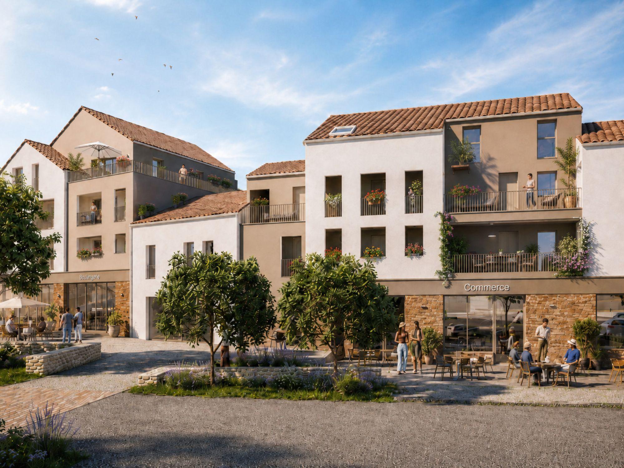 Perspective du programme immobilier neuf Cœur Haute-Goulaine : placette plantée, commerces et façades claires