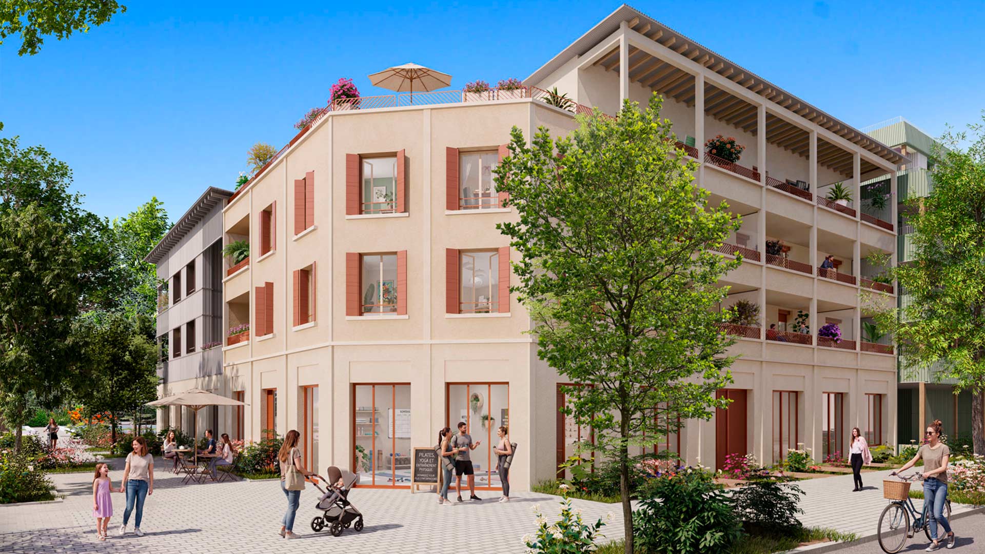 Perspective du programme immobilier neuf Elokence sur l'île de Nantes : architecture contemporaine claire et grands vitrages