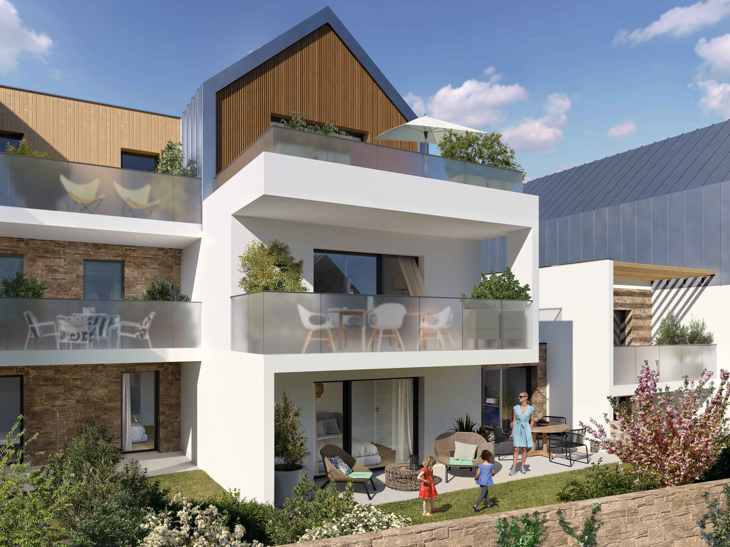 Perspective officielle de Cœur Maria à Quiberon, façades, balcons et jardins