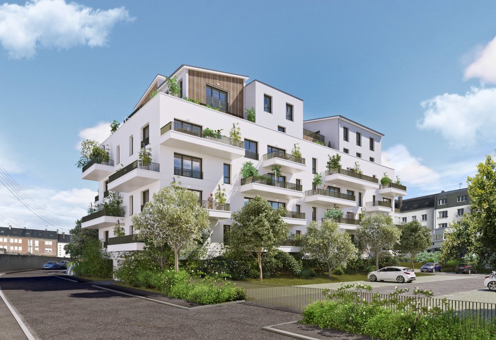 Perspective du programme immobilier neuf Convergence à Saint-Nazaire : façades contemporaines claires avec balcons