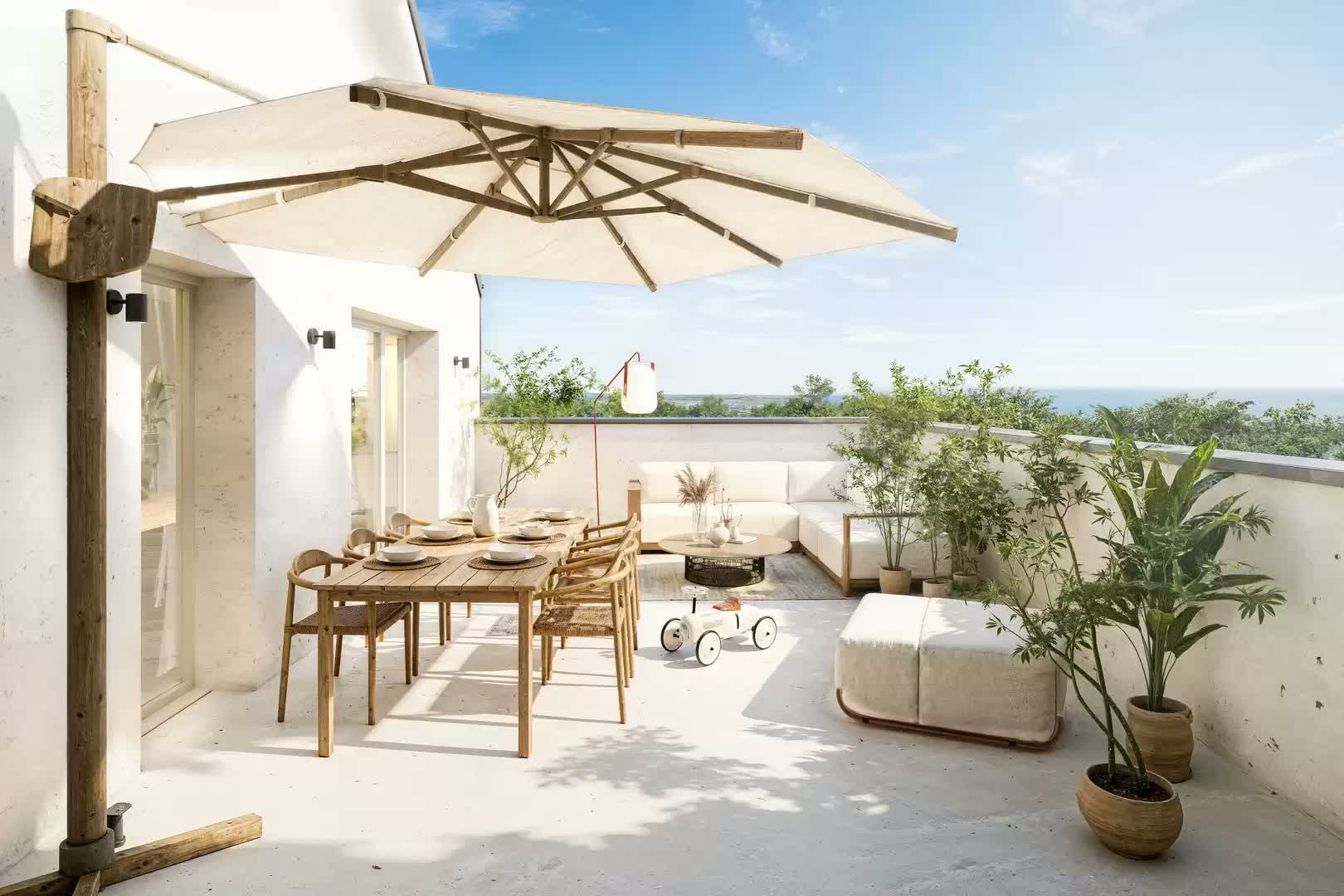 Perspective du programme immobilier neuf Rose Marie à Granville : résidence contemporaine claire avec balcons et loggias