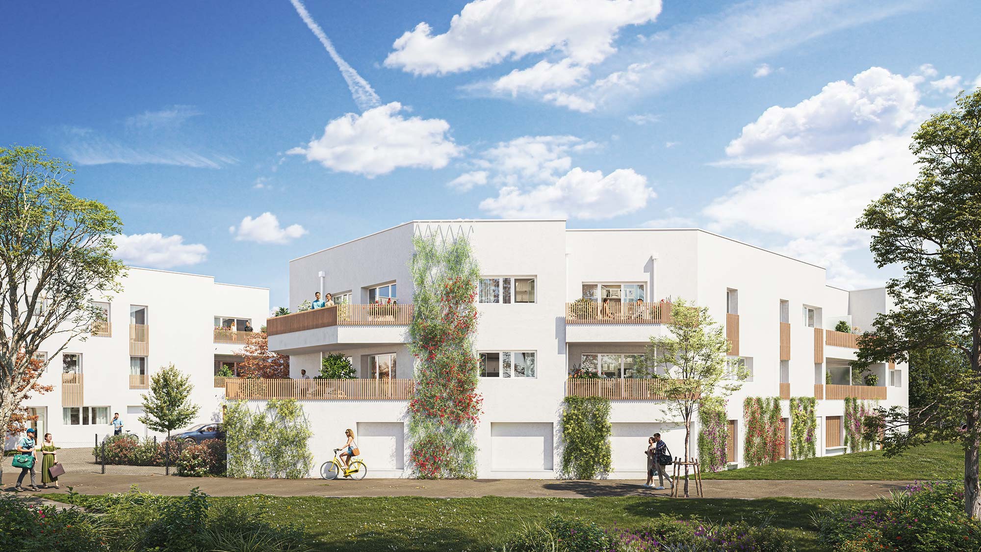 Perspective du programme immobilier neuf Esprit Faubourg à Rezé : façades claires et balcons sur un boulevard planté