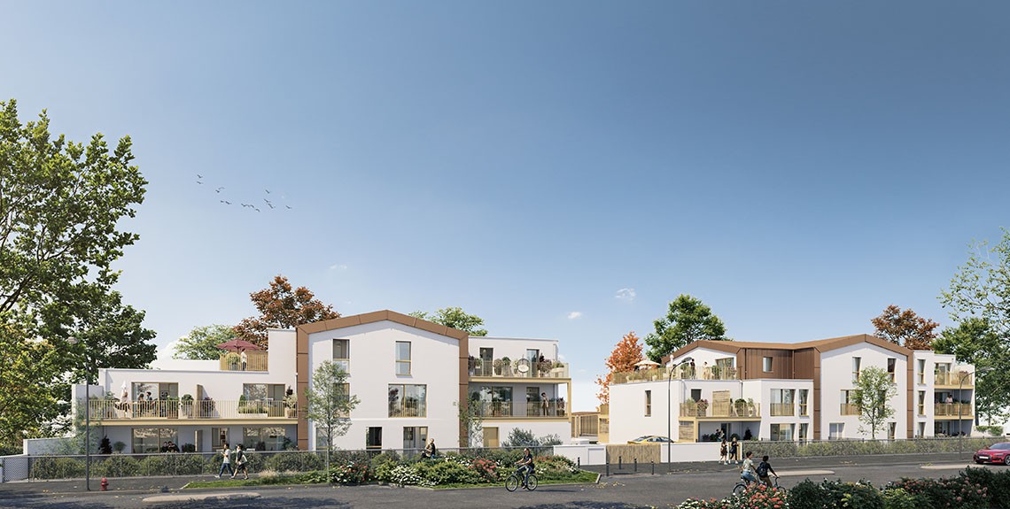 Perspective du programme immobilier neuf Osmoz à Carquefou : façades claires et balcons dans un environnement arboré