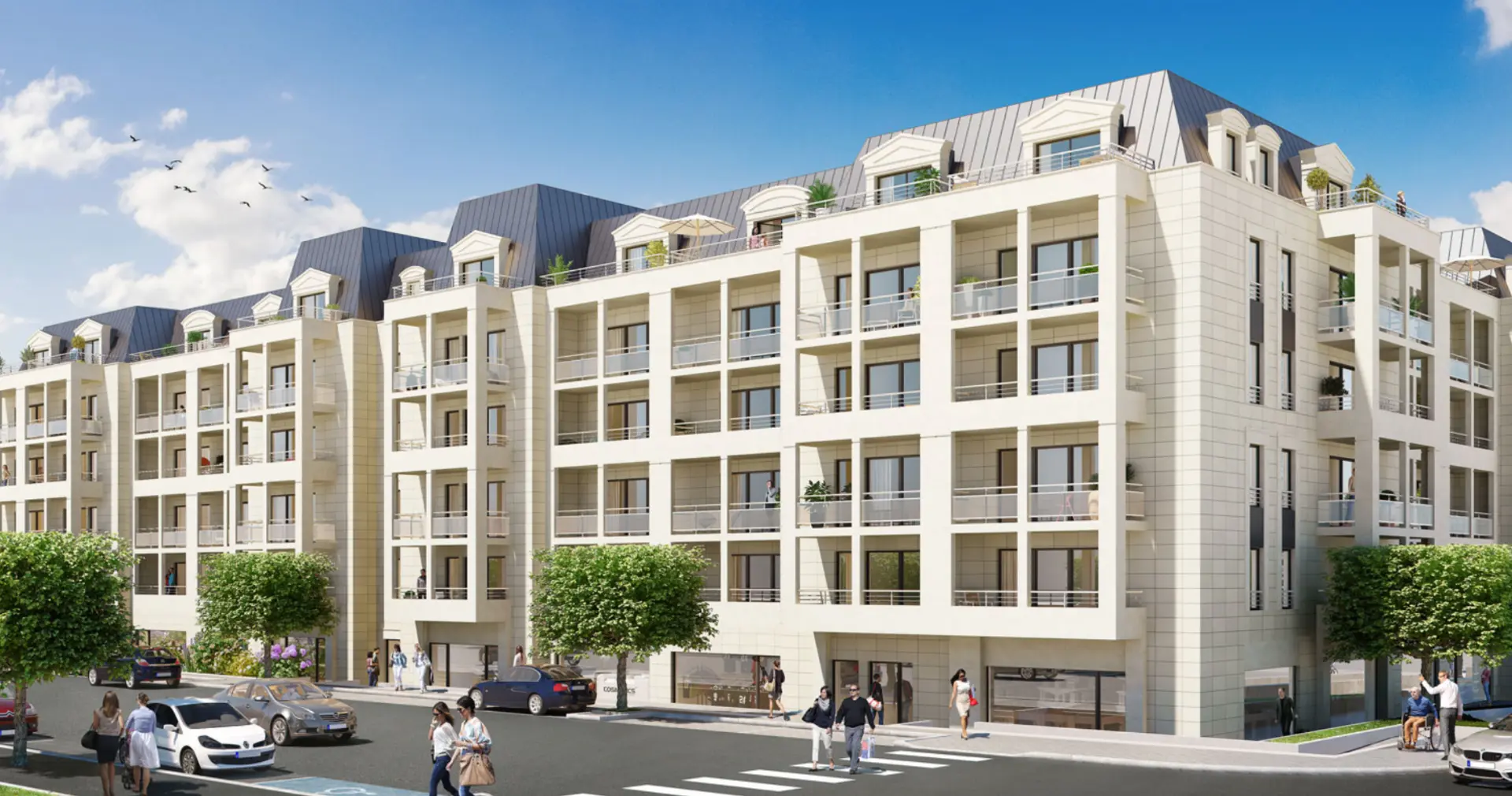 Perspective du programme immobilier neuf Art Déco à Dinard : façades en pierre claire et toitures en zinc le long d'une avenue
