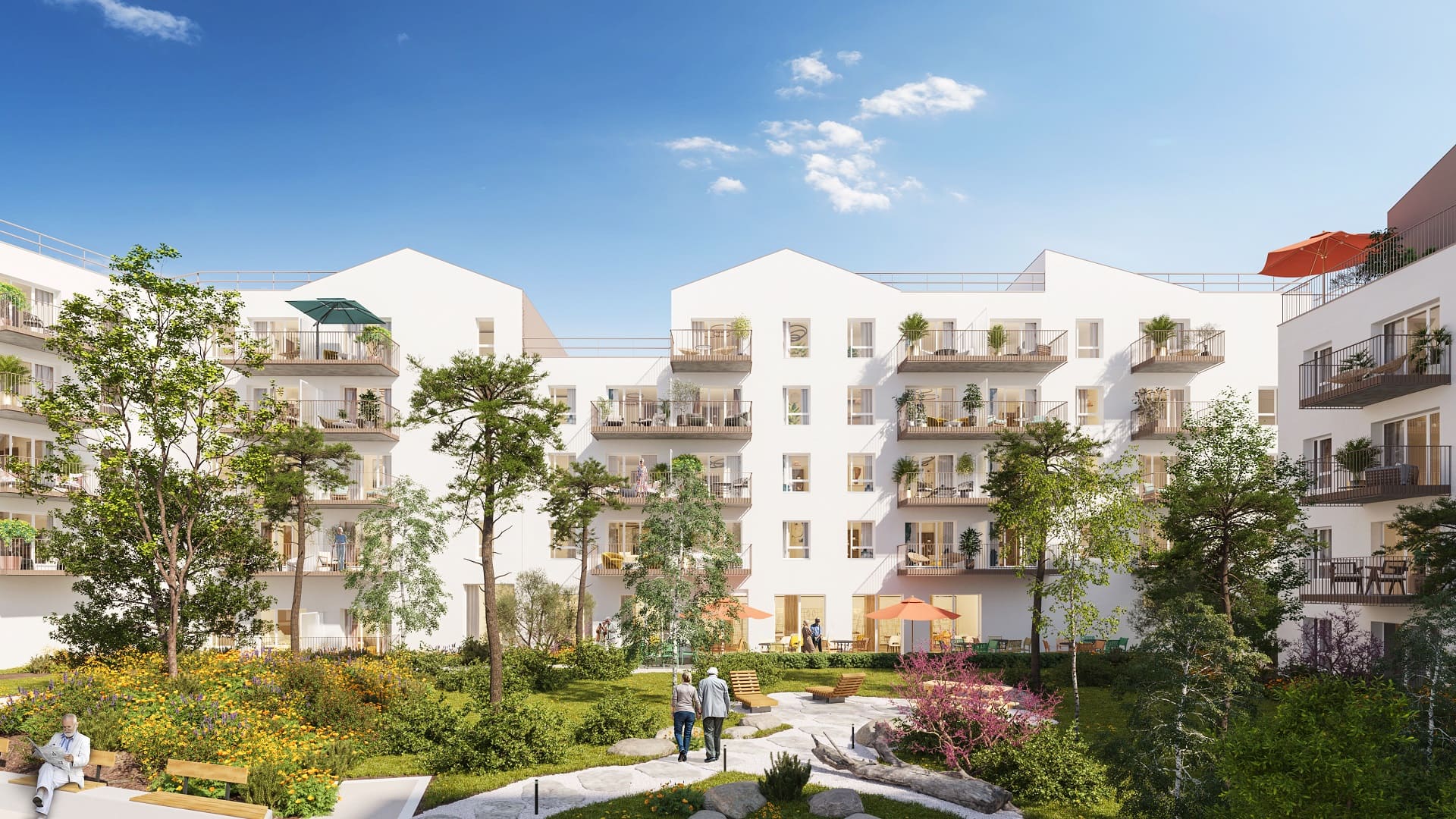 Perspective du programme immobilier neuf Nohée à Quimper : résidence claire ouverte sur un grand jardin paysager