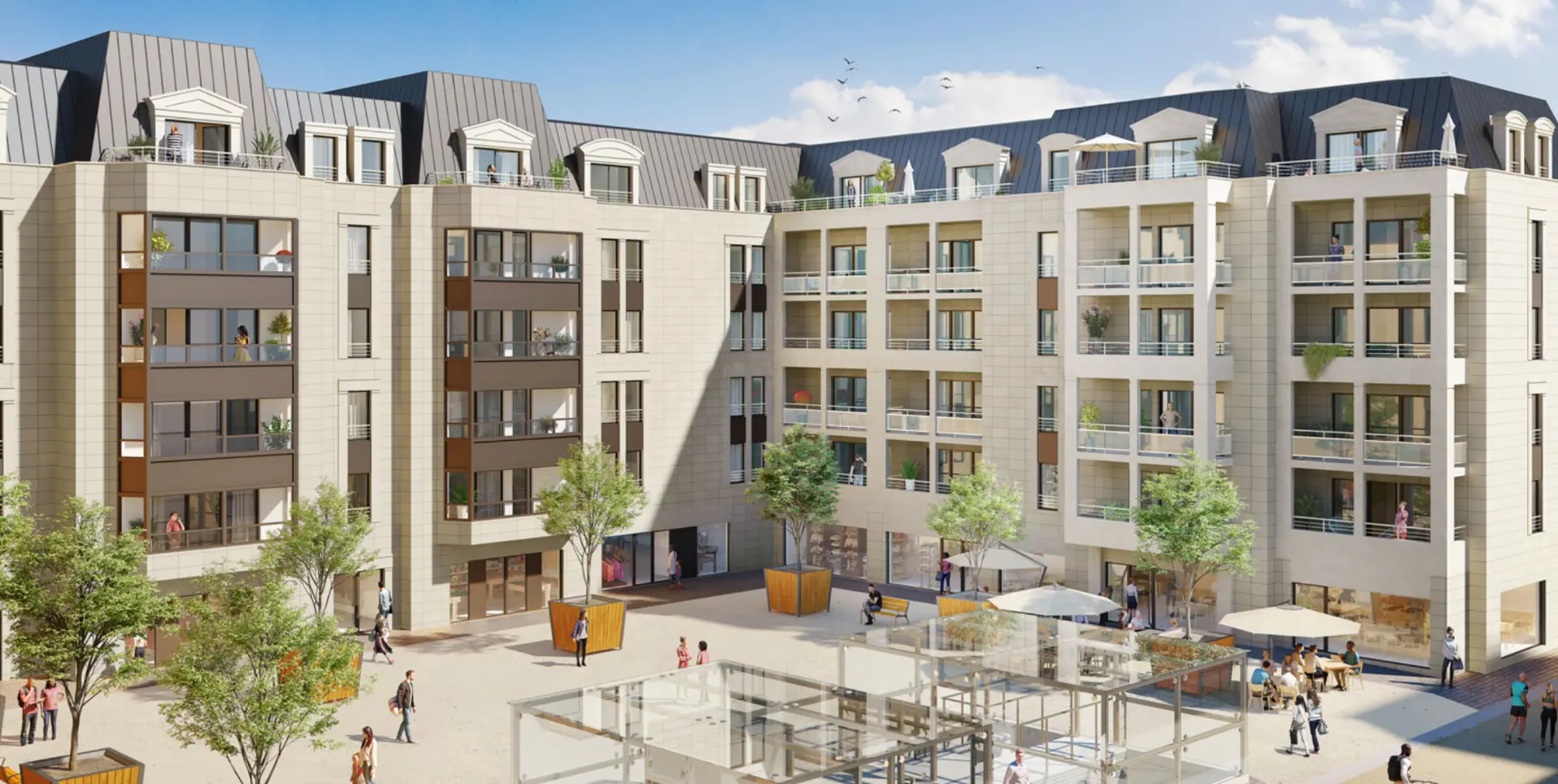 Perspective du programme immobilier neuf Art Déco à Dinard : cœur d'îlot planté avec commerces et terrasses en pied d'immeuble