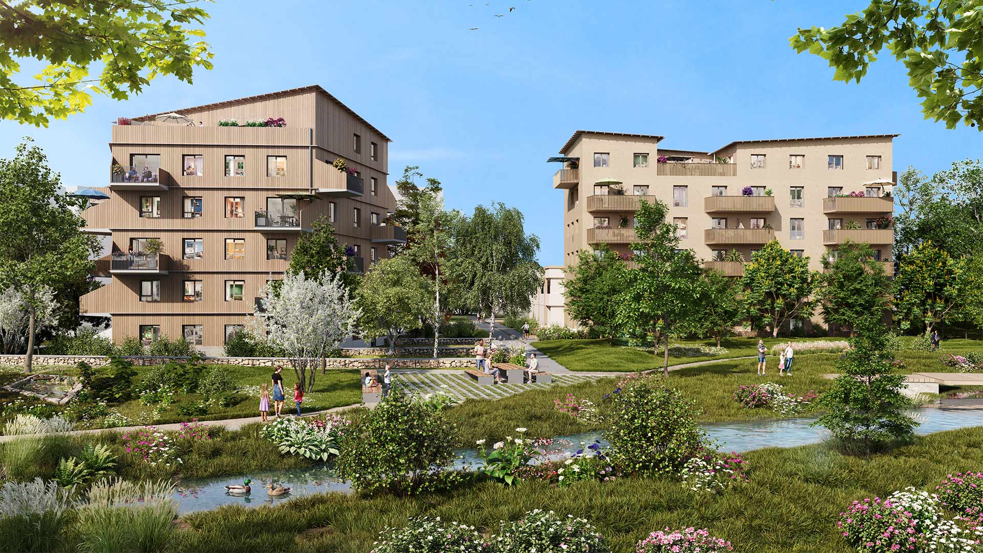 Perspective du programme immobilier neuf Riva Verde à Nantes : façades claires ouvertes sur un cœur d'îlot planté