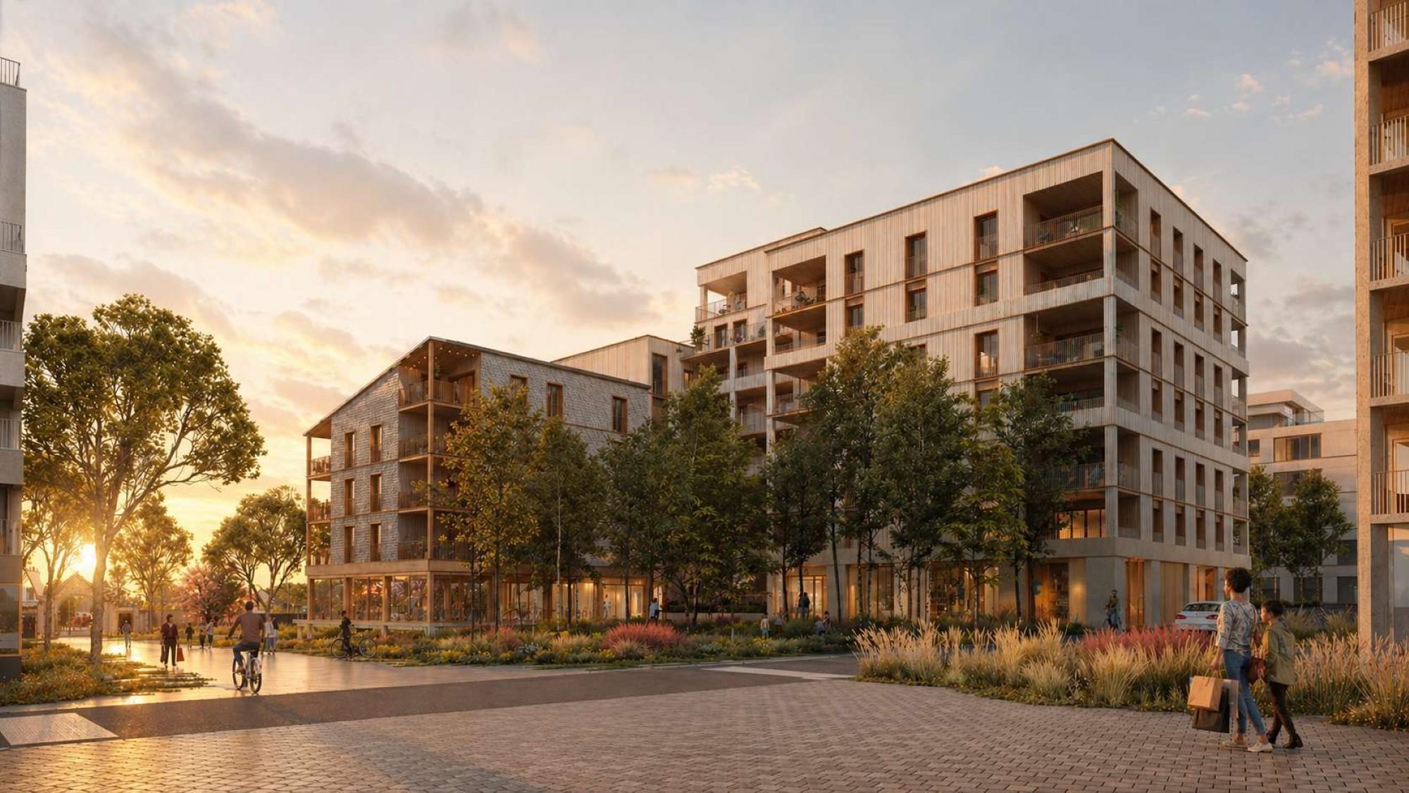 Perspective du programme immobilier neuf Awen à Lorient : cœur d'îlot paysager, façades bois et ardoise en lumière dorée