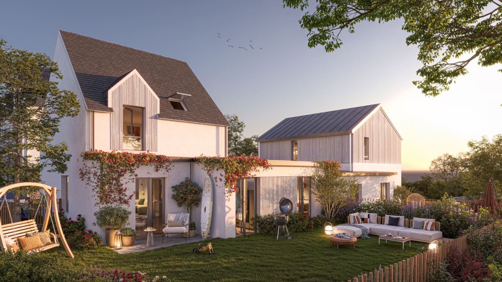 Perspective du programme immobilier neuf Dunéa à La Baule-Escoublac : maisons et appartement autour de jardins paysagers