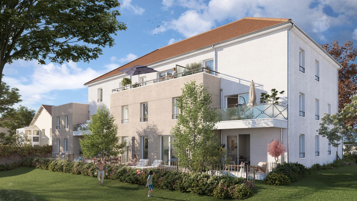 Perspective du programme immobilier neuf Villa Andréa à Basse-Goulaine : résidence claire et jardins plantés