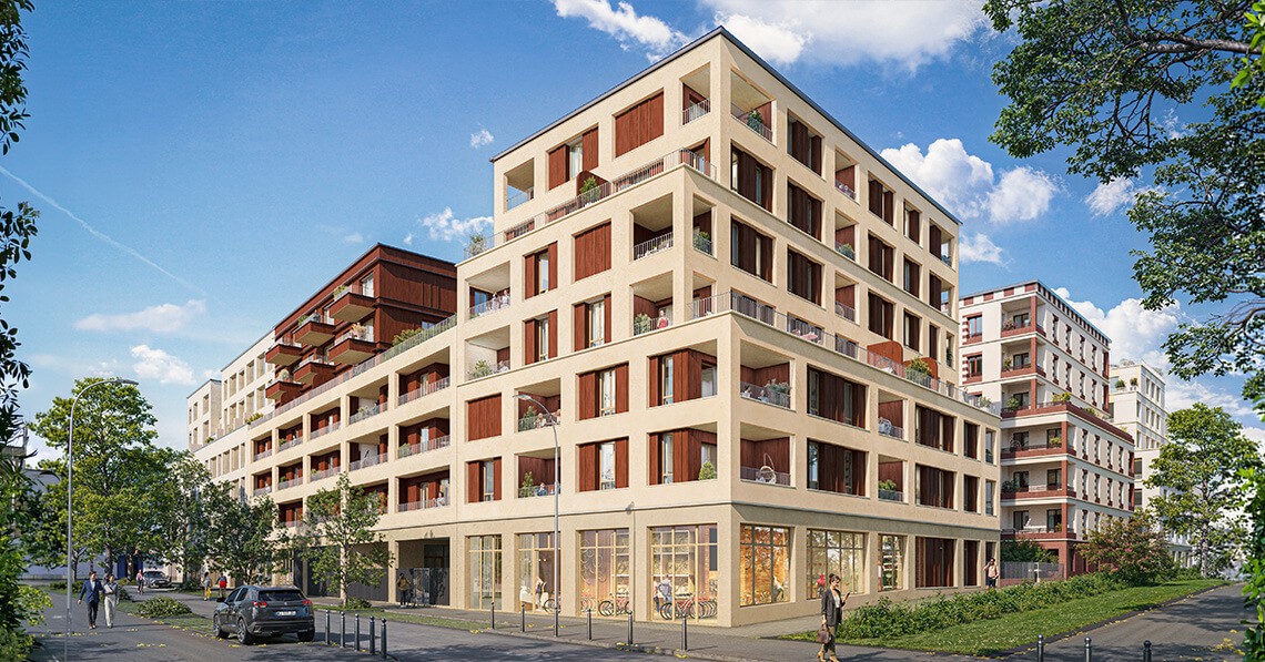 Perspective du programme immobilier neuf Ruby à Nantes : façades claires et balcons dans un quartier arboré