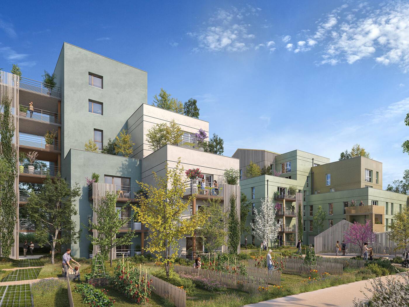 Perspective du programme immobilier neuf Neo Verde à Orvault : façades claires et jardins paysagers