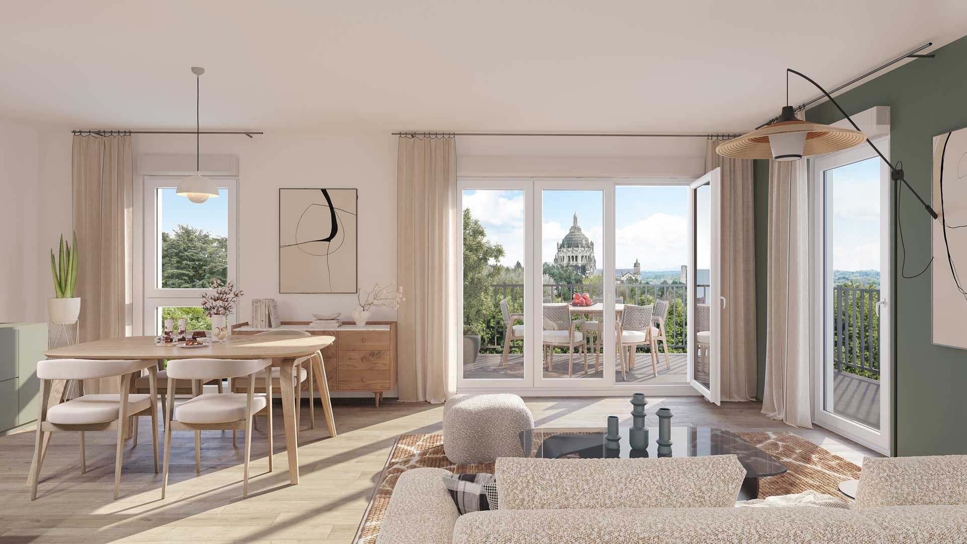 Perspective intérieure d'un séjour du programme immobilier neuf Les Hauts de la Basilique à Lisieux