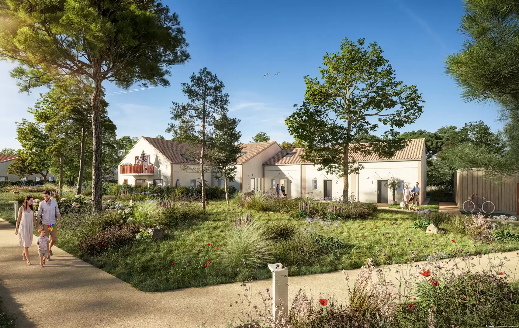 Perspective du programme immobilier neuf L'Écrin du Golf à Pornic : résidence claire entourée de verdure