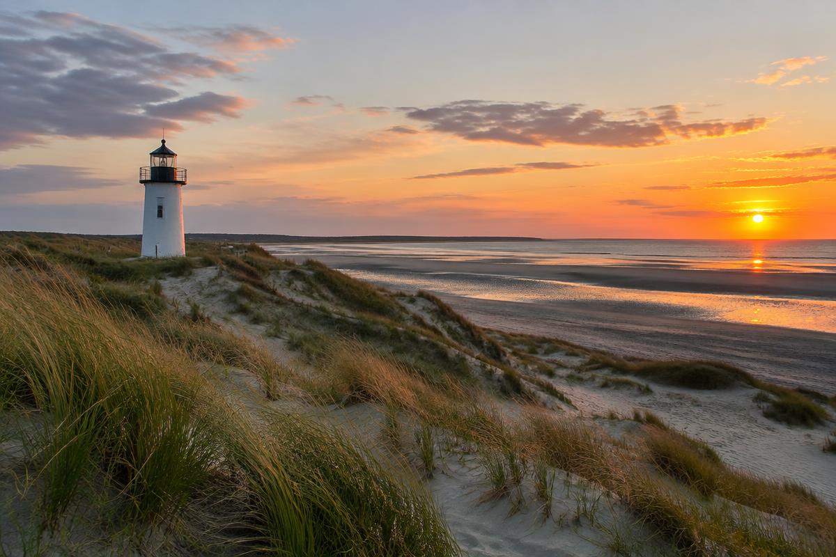 Dunes et phare de la pointe d'Agon au coucher du soleil