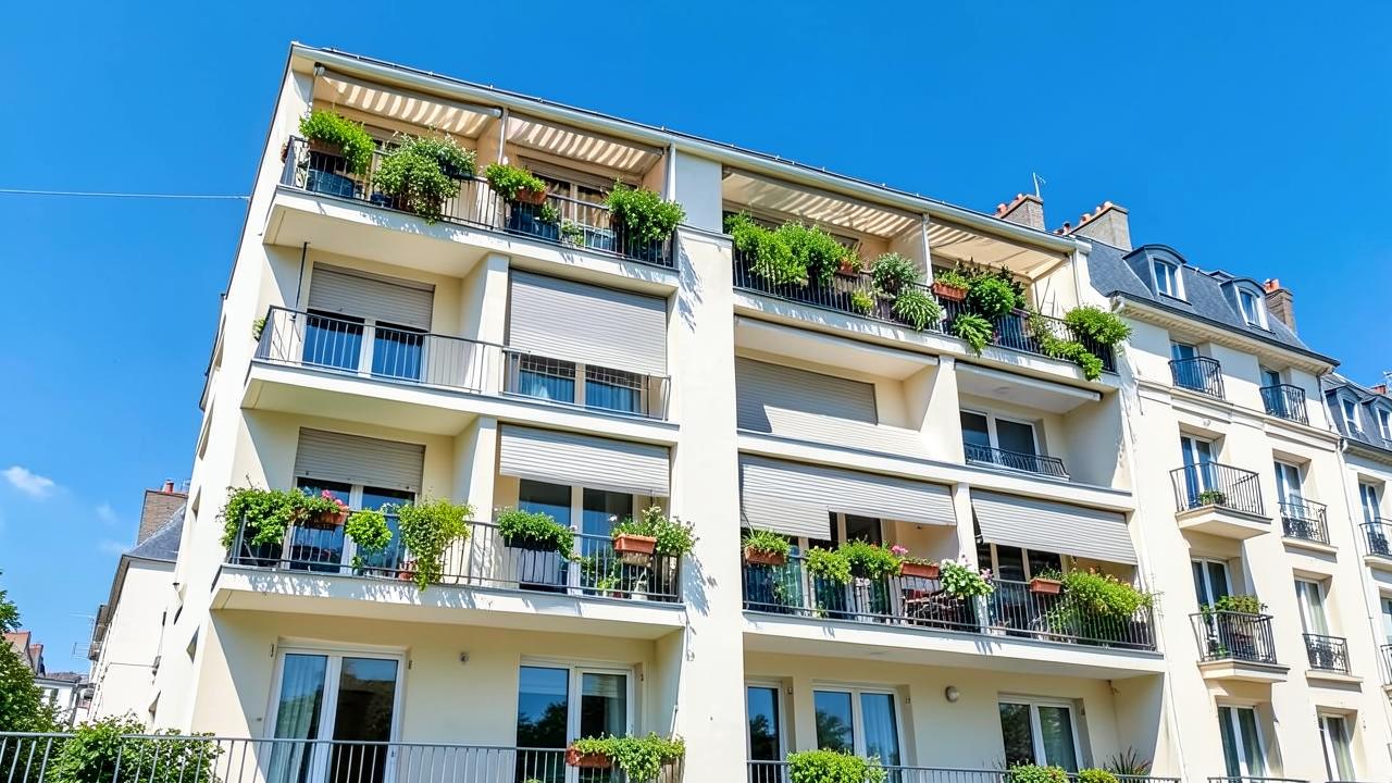 Façade d'immeuble neuf avec protections solaires et balcons plantés