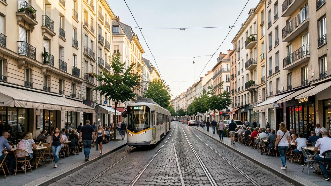 Rue commerçante desservie par le tramway dans une ville de l'Ouest