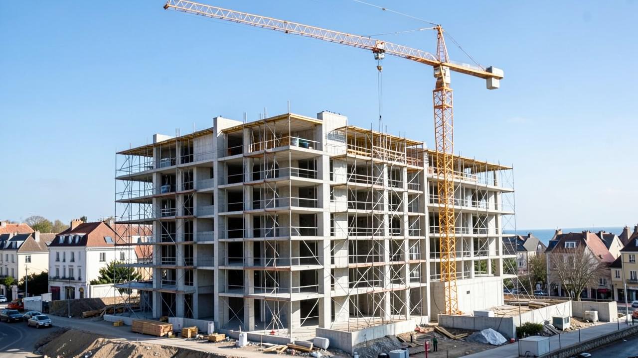 Immeuble de logements neufs en cours de construction avec grue