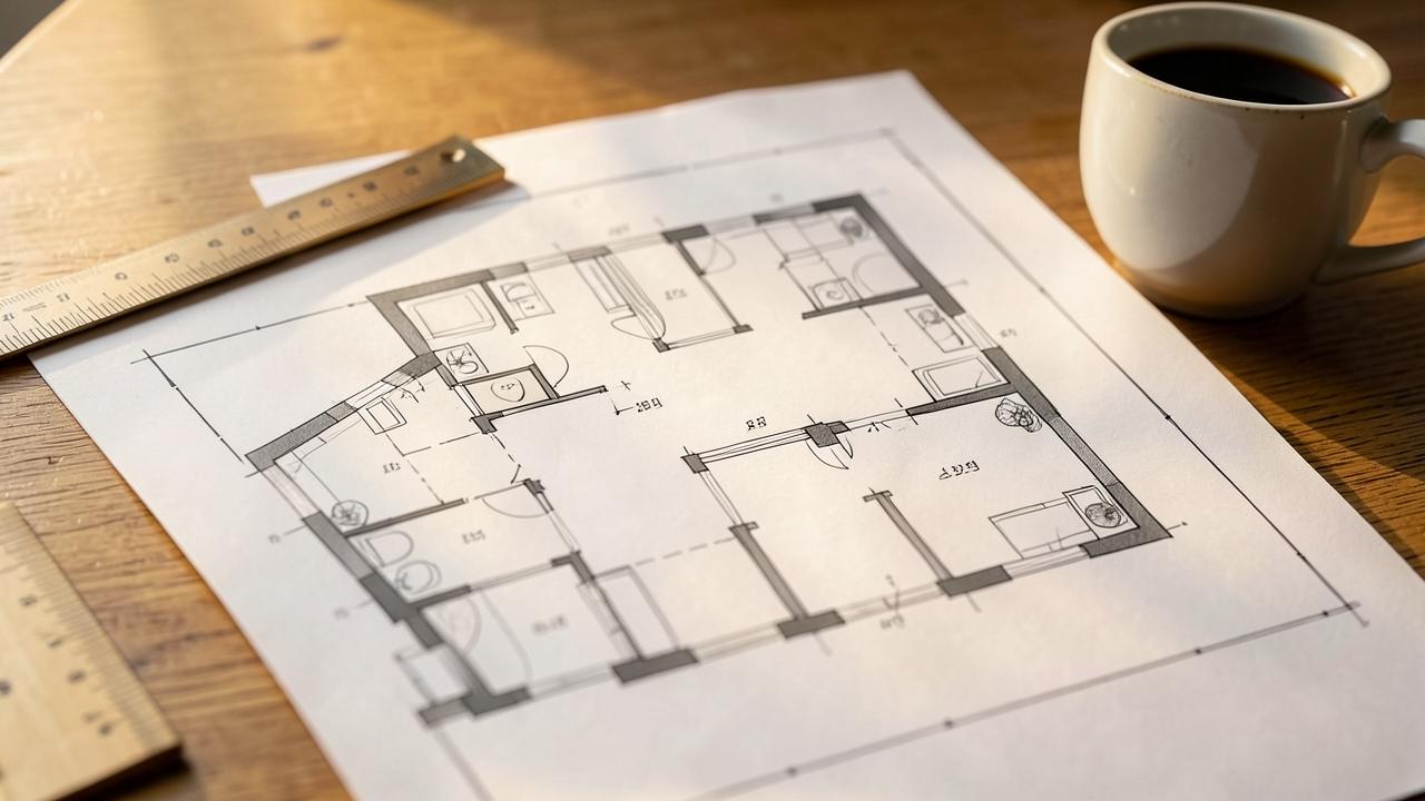 Plan d'appartement neuf posé sur une table avec une règle graduée