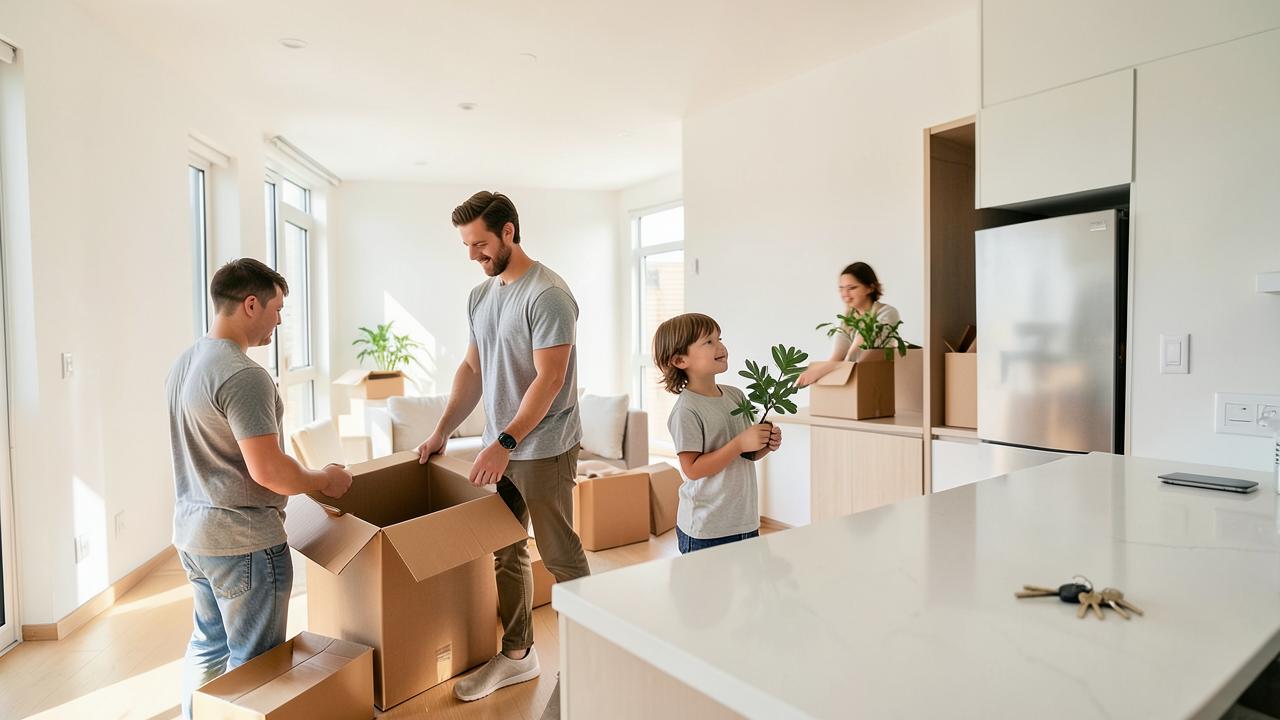 Famille emménageant dans un appartement neuf livré