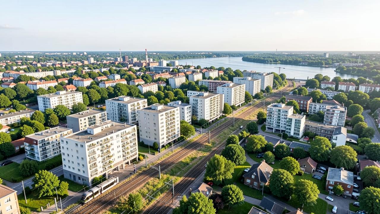 Vue aérienne d'immeubles neufs desservis par le tramway dans l'agglomération nantaise