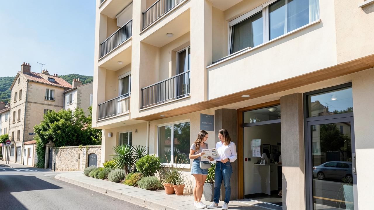 Visiteurs consultant une brochure de prix devant un immeuble neuf de l'Ouest