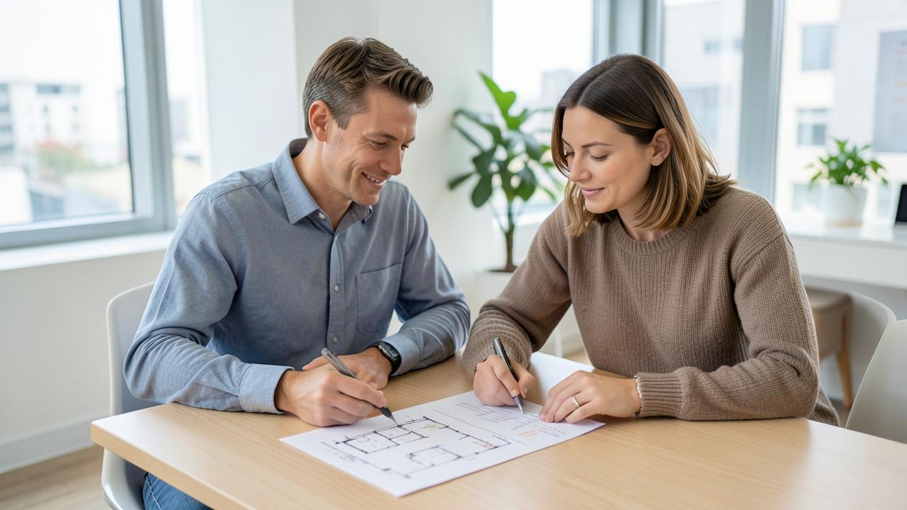 Couple étudiant le plan et le contrat de réservation d'un logement neuf