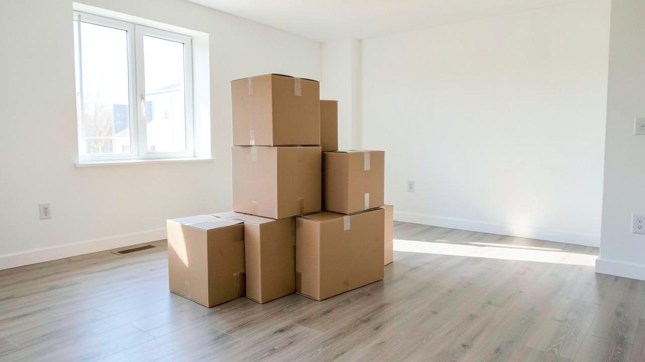 Cartons de déménagement dans un appartement lumineux vide