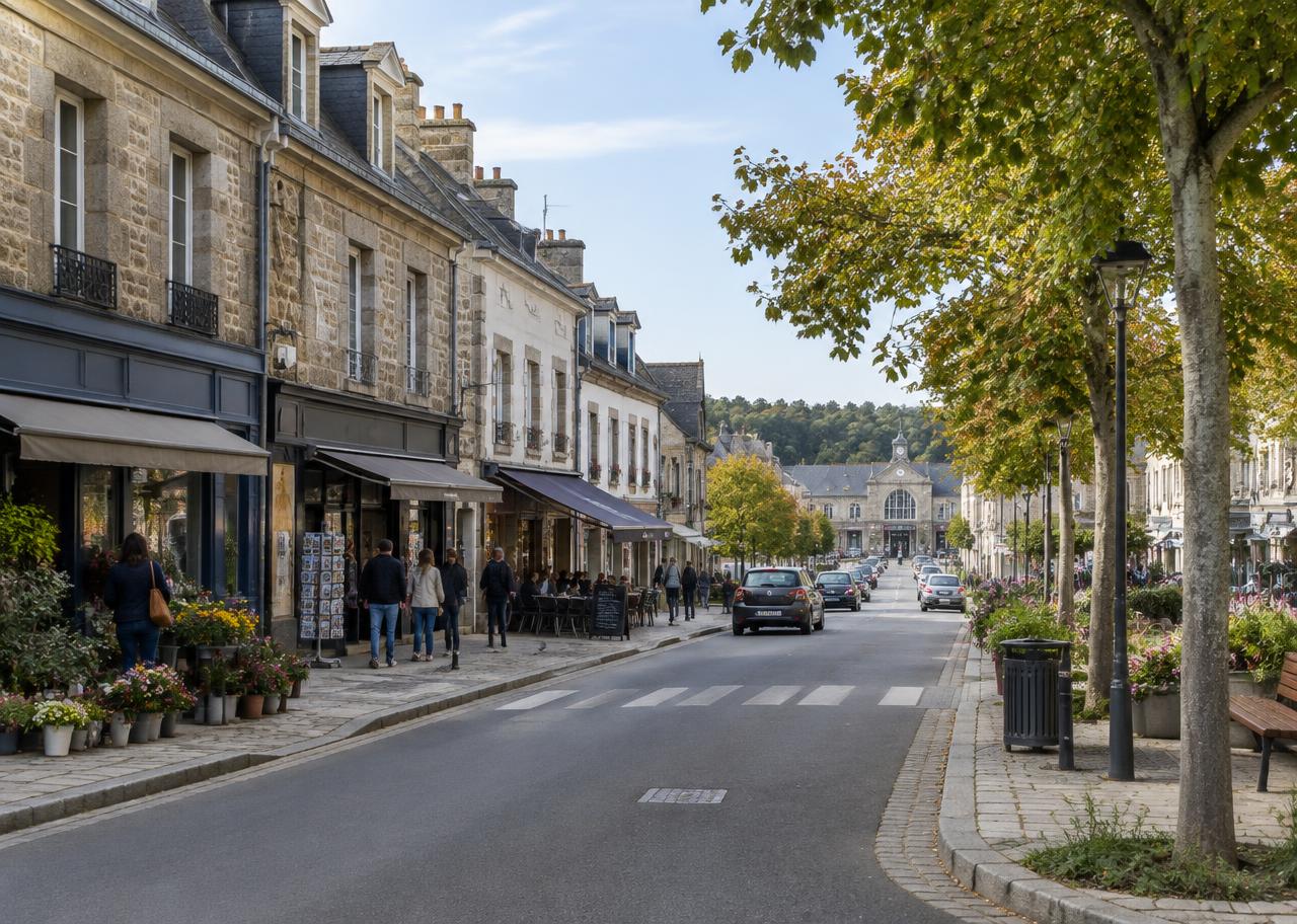 Centre et gare d'Auray : rues commerçantes, station et habitat récent