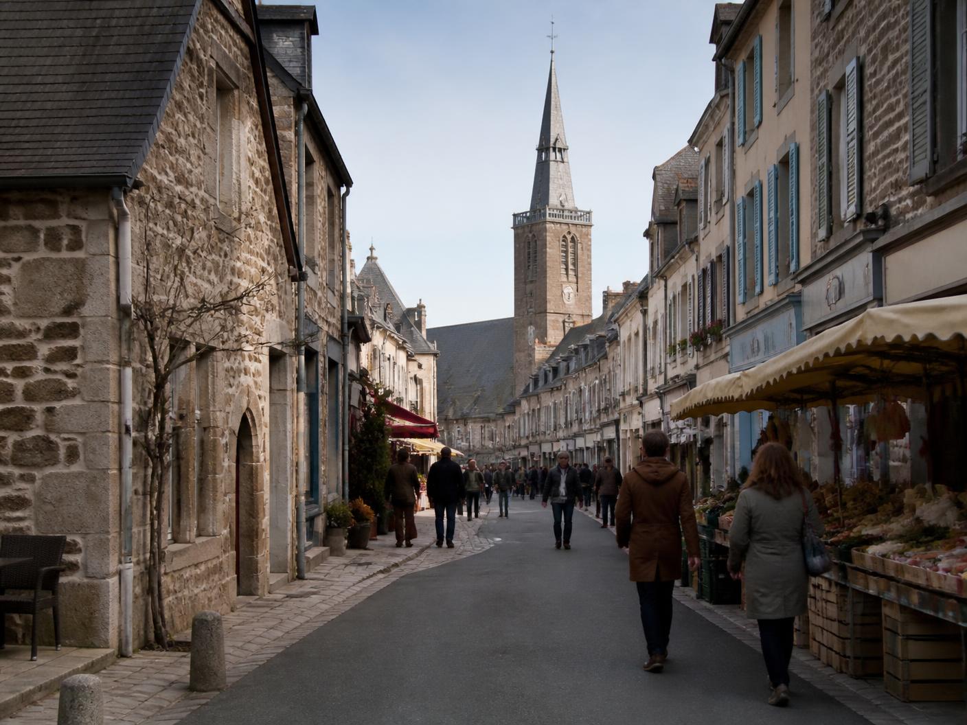 Illustration d'une rue commerçante d'Avranches : maisons de granit, étals de marché et clocher au fond de la rue