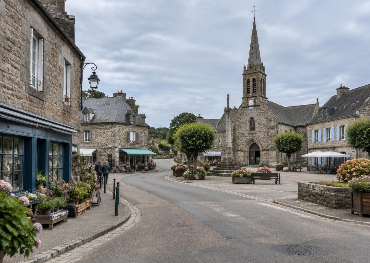 Bourg de Ploubalay à Beaussais-sur-Mer : commerces, place et maisons de pierre