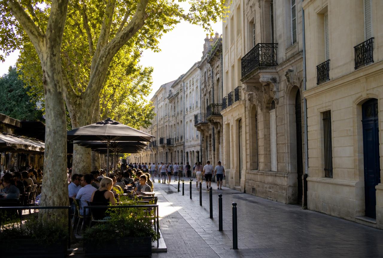 Façades de pierre blonde à Bordeaux : immeubles classiques, balcons en fer forgé et rue animée