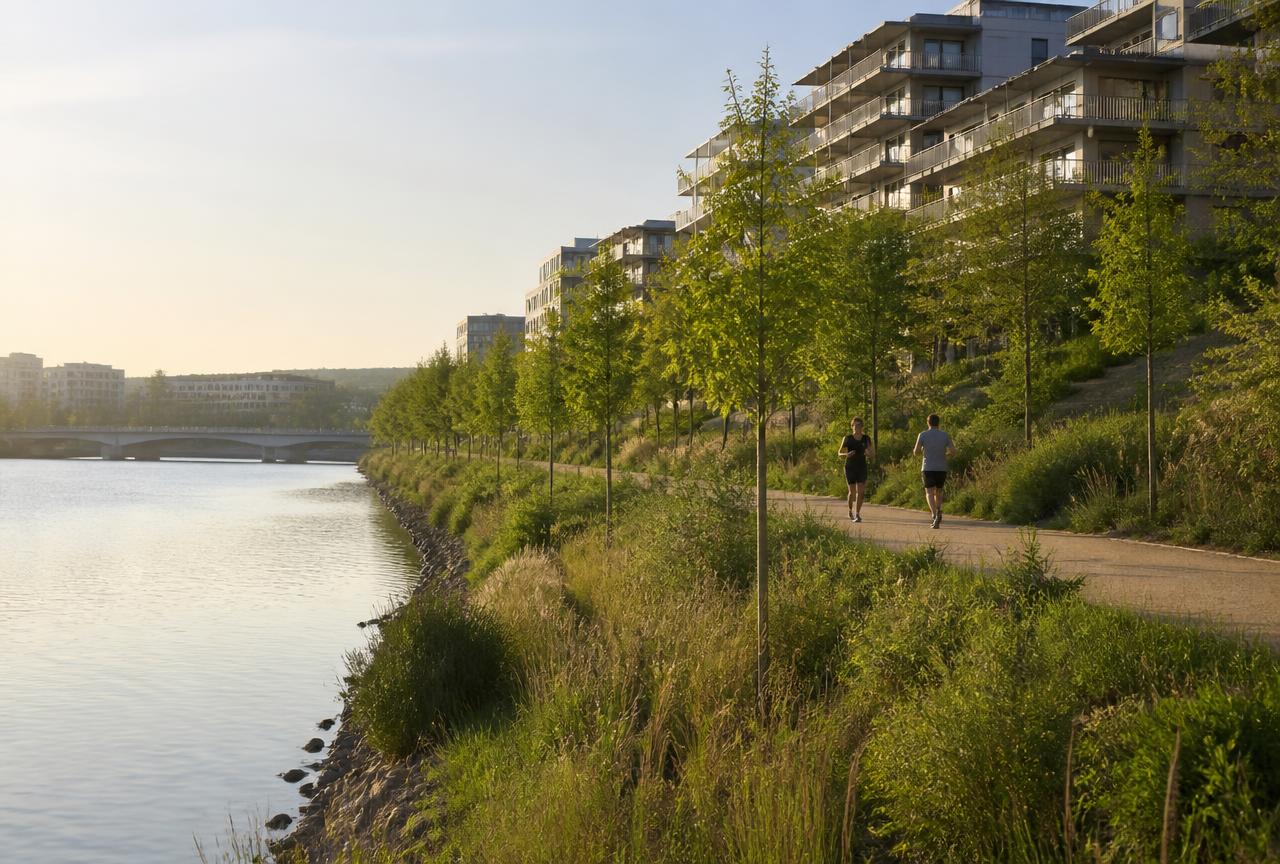 Parc de la rive droite à Bordeaux : pelouses, arbres et vue sur la ville de l'autre côté du fleuve